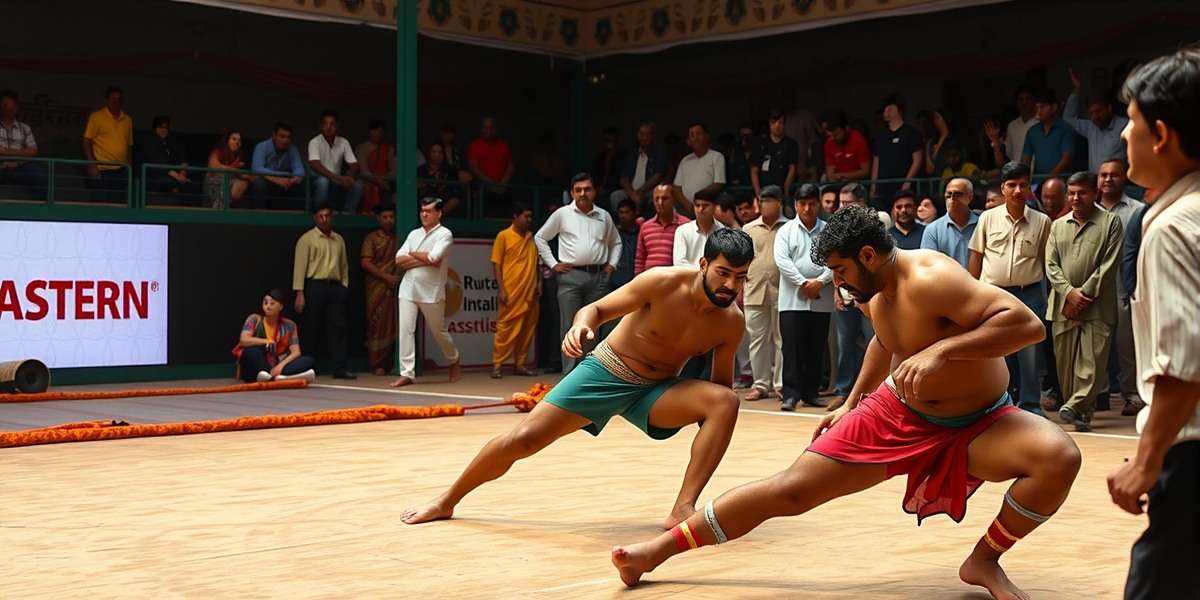 Maharashtra Masters Kusti Tournament Maharashtra Masters tournament scene showing players competing in traditional Kusti wrestling matches with spectators and Maharashtra Masters watermark